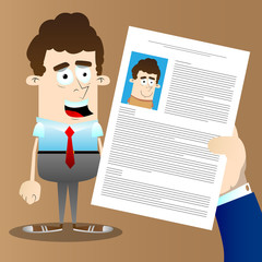 Businessman hand holding CV Profile of candidate. Vector cartoon character illustration. Business concept.