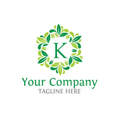 Fototapeta premium Letter K initials logo. Luxury abc leaf logotype.