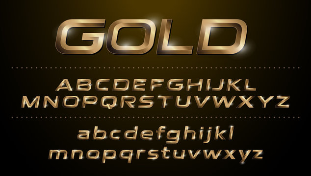 Alphabet fonts. Metallic, golden effect italic letters on a dark background. alphabet vector typeface glowing text effect. ABC, Gold lowercase and uppercase letters