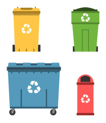 Thrash and recycling can. Garbage container set. Wheeled dumpster. Vector illustration.