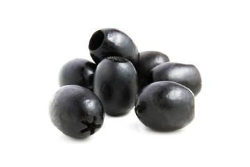 Group of black olives isolated on white background