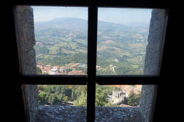 Plakat through a window of a castle