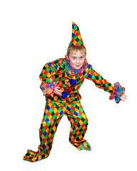 Six year old funny cute dancing boy in the clown suit. Without wig and makeup. Portrait growth. Isolated, on white background