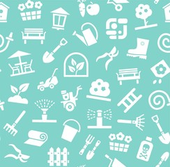 Landscape design, background, seamless, blue, vector. Background with equipment for gardening and horticulture. White, flat drawings on a turquoise field. Arrangement of land. 