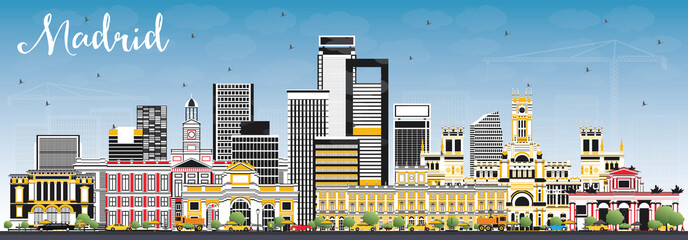 Madrid Spain Skyline with Gray Buildings and Blue Sky.