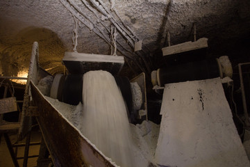 undeground Salt transporter conveyor in the salt mine shaft 