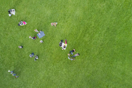 Aerial view of the people at a picnic in a summer park