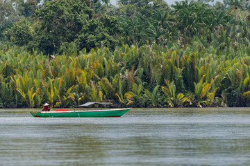 Wooden boat cruising Berau river, Borneo, Kalimantnan, Indonesia