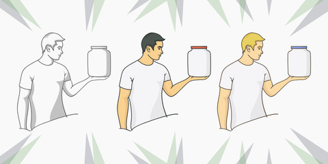 Healthy man is carrying a can of supplement powder in cartoon vector style, Fitness guy with whey powder can in his hand in cartoon vector style.