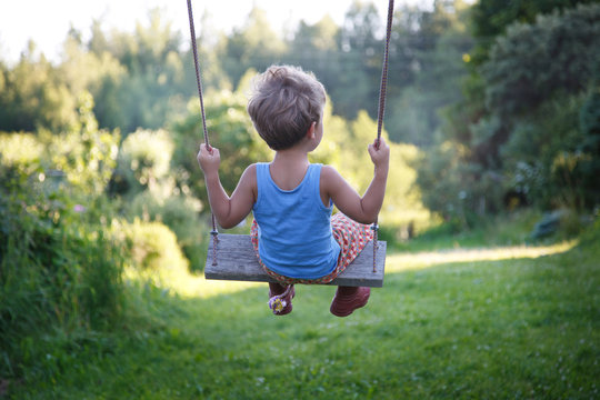 A small child swings on a swing in the nature, the view from the back.