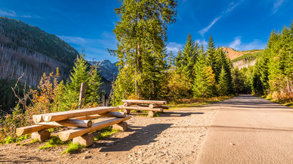 Sunny day in the Tatras mountains at autumn with bench - obrazy, fototapety, plakaty