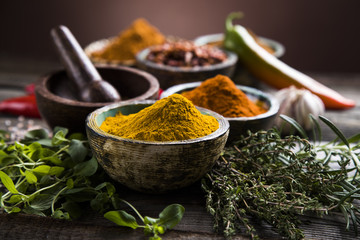 Spices on a wooden table
