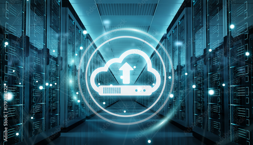 Aufkleber Cloud icon downloading datas in server room center 3D rendering