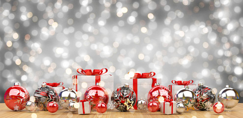 Red and white christmas baubles lined up 3D rendering