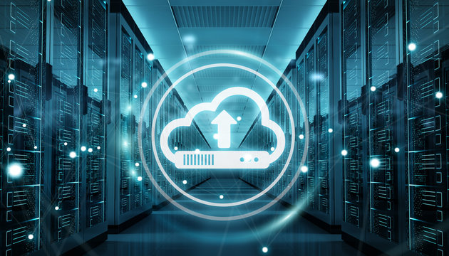 Cloud icon downloading datas in server room center 3D rendering