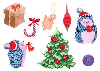 A hedgehog decorates a Christmas tree. Collection of elements hand drawn watercolor