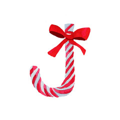 Christmas Candy cane with red bow hand drawn watercolor