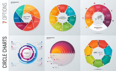 Collection of vector circle chart infographic templates for presentations, advertising, layouts, annual reports. 7 options, steps, parts.
