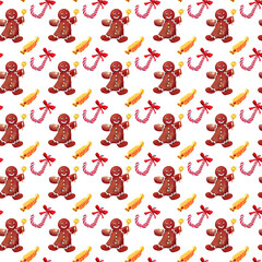 Christmas seamless pattern with green box and candy cane drawn watercolor