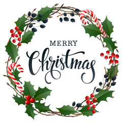 Merry Christmas lettering banner for web or social media. Holiday greeting card template. Hand drawn style vector illustration. Wreath, frame of winter plants, candy cane and branches isolated.