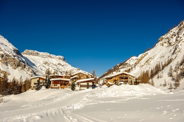 Alpine winter mountain landscape. French Alps with snow.