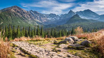 Wonderful path to the mountain valley in Tatras in autumn