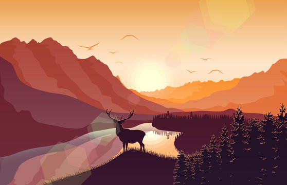 Sunset mountain landscape with deer in a forest near a lake