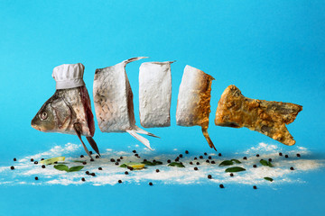 creative idea, the fish passing from raw to flour and to fried dish