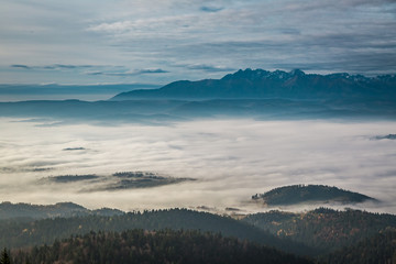 Fototapeta premium Stunning view to Tatras at sunrise in autumn