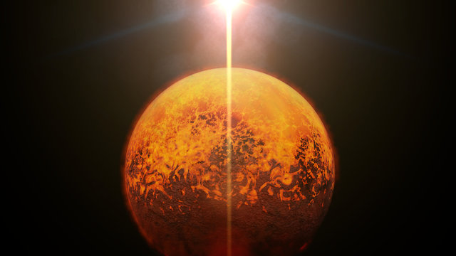 alien planet, tidally locked exoplanet lit by a near star (3d space illustration)