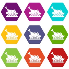 Roasted turkey icon set color hexahedron