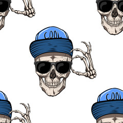 Skull in the cap. Sunglasses. He welcomes everyone. Seamless pattern.