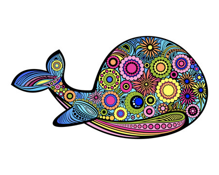 Bright ornamental whale isolated on white background. Vector illustration for baby template design