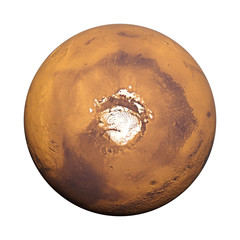 Mars in natural colors with the Red Planet's north polar ice cap, isolated on white background