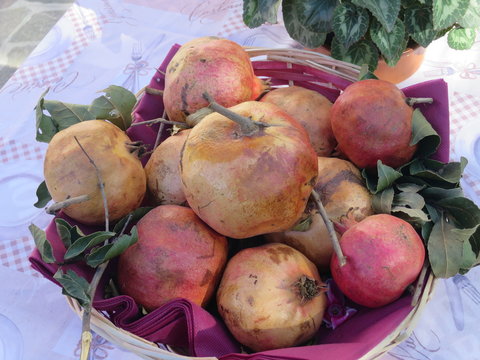 frutta di stagione melograno rosso e giallo su cesto 
