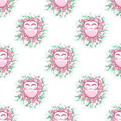 Cat in flowers. Nice pink cat. Seamless pattern.
