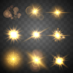 Set yellow glow light lens effect sparkles on transparent background. Vector illustration.
