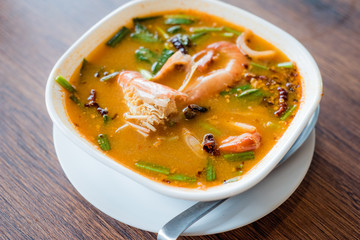 Traditional Thai Food River prawn spicy soup, Tom Yum Goong, Thai food