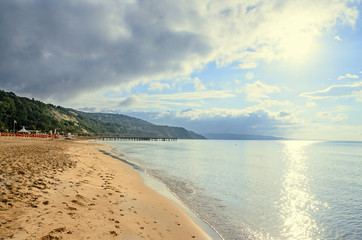 Beach of Black Sea from Albena, Bulgaria with golden sands, blue clear  water, sunrise