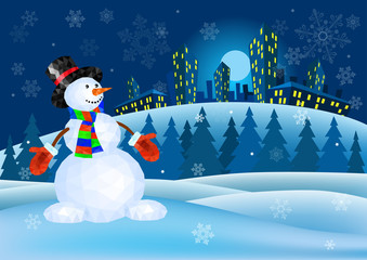 Snowman in red mittens and striped scarf