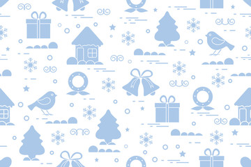 Obraz na płótnie Canvas Winter seamless pattern with variety Christmas elements: christmas tree, gift, christmas wreath, bells and other.