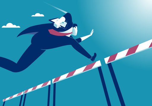 Overcome obstacles. Manager jumping over obstacles like hurdle race. Business vector concept illustration