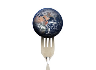 Blue planet earth with fork, isolated on white background, environmental and food concept. Elements...