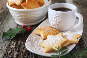 Homemade Christmas cookies and cup of coffee