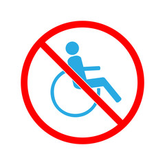 Disabled sign in red circle. Mark disability. Icon a place open passage. Symbol paralyzed and human on wheelchair. Safety person warning handicapped illustration. Design element. Vector illustration