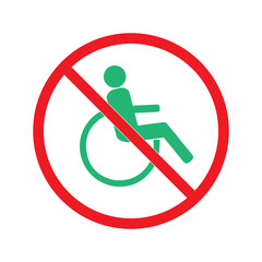 Disabled sign in red circle. Mark disability. Icon a place open passage. Symbol paralyzed and human on wheelchair. Safety person warning handicapped illustration. Design element. Vector illustration