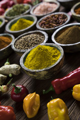 Assortment of spices in wooden bowl background 