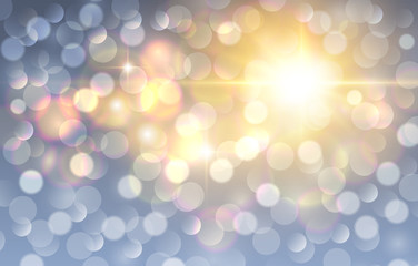 Christmas background, golden blurred lights, snowflakes and glittering bokeh 