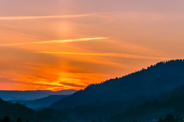 Ukrainian Carpathian Mountains landscape background during the sunset in the autumn season