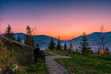 Ukrainian Carpathian Mountains landscape background during the sunset in the autumn season
